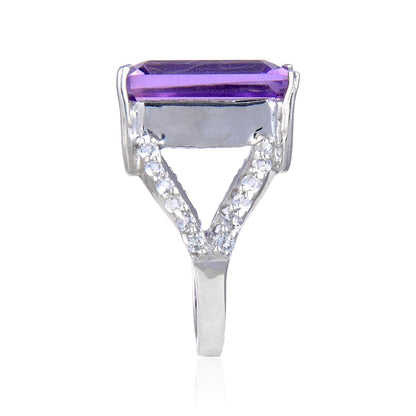 7.23 Ct Octagon Purple Amethyst and White Topaz Prong Silver Statement Ring