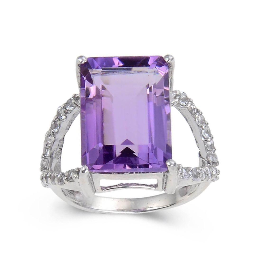 7.23 Ct Octagon Purple Amethyst and White Topaz Prong Silver Statement Ring