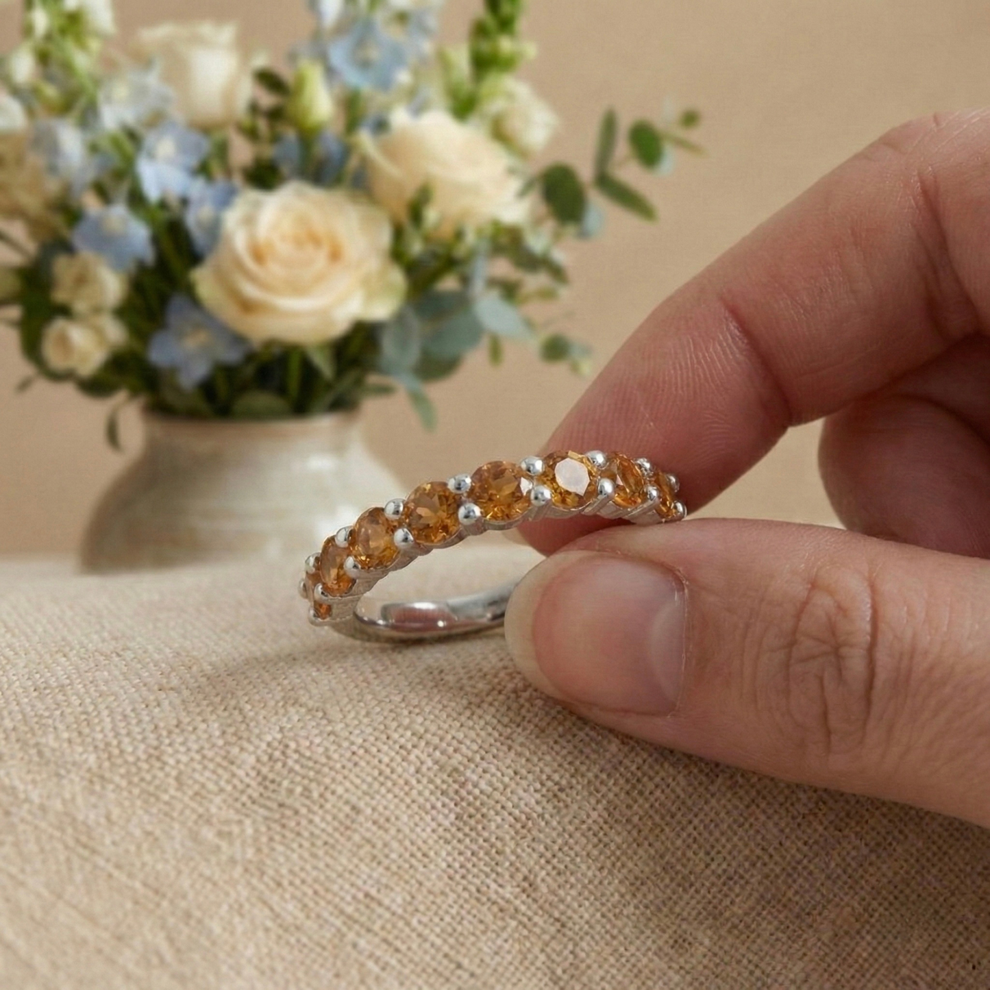 0.8 Ct Round Yellow Citrine Prong Silver Half Eternity Ring