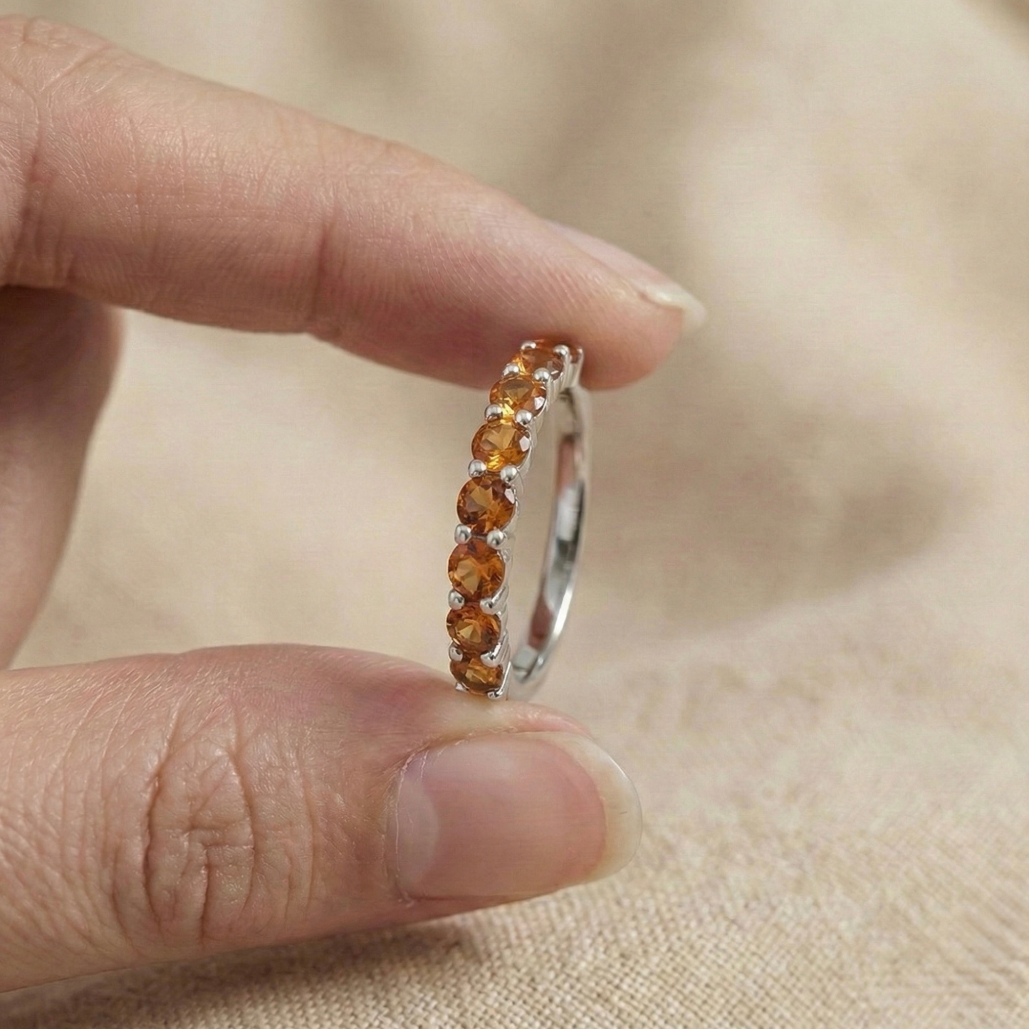 0.8 Ct Round Yellow Citrine Prong Silver Half Eternity Ring