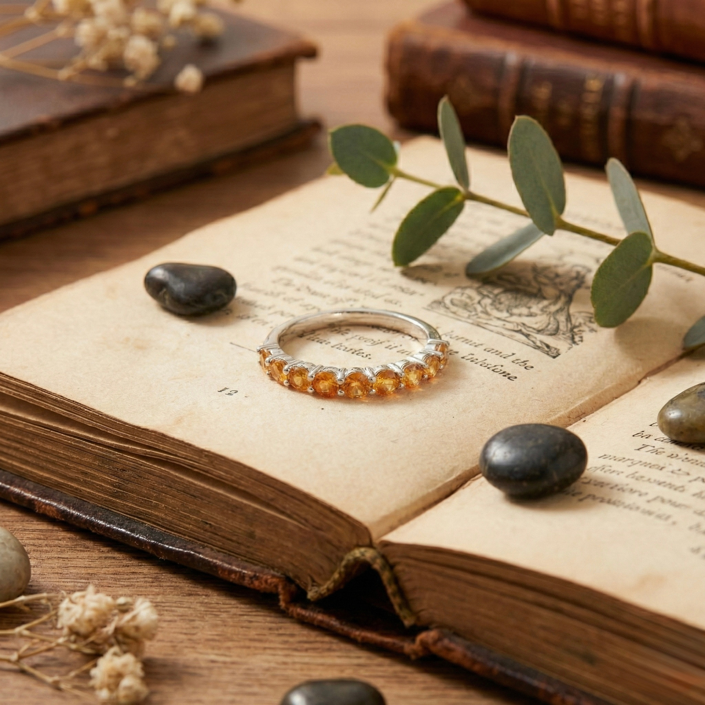 0.8 Ct Round Yellow Citrine Prong Silver Half Eternity Ring