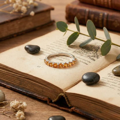 0.8 Ct Round Yellow Citrine Prong Silver Half Eternity Ring