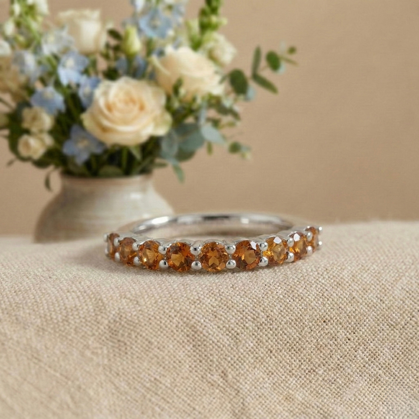 0.8 Ct Round Yellow Citrine Prong Silver Half Eternity Ring