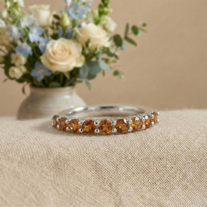 0.8 Ct Round Yellow Citrine Prong Silver Half Eternity Ring