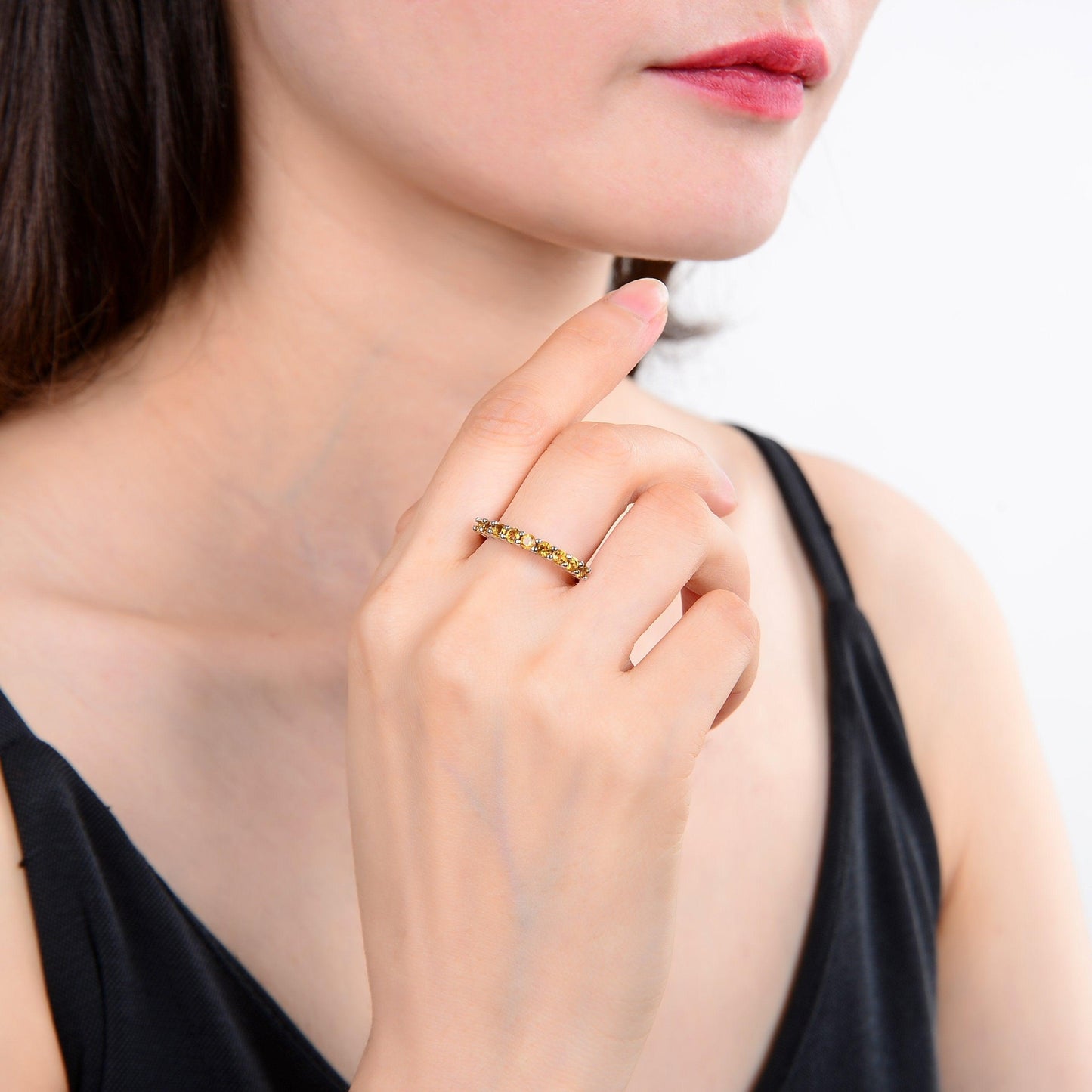 0.8 Ct Round Yellow Citrine Prong Silver Half Eternity Ring