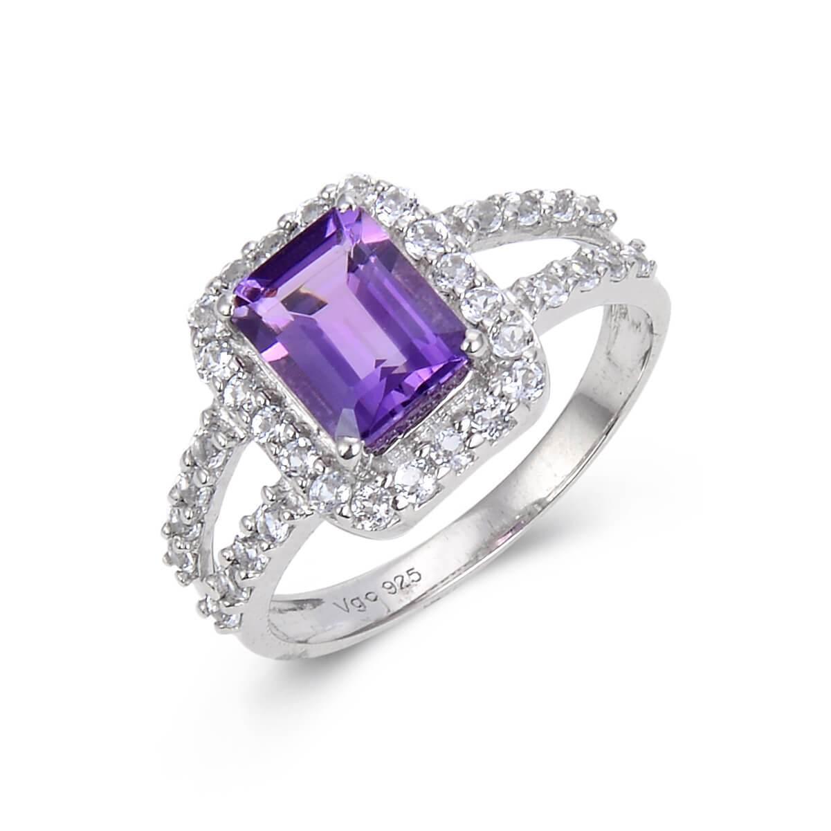 2.22 Ct Octagon Purple Amethyst and White Topaz Prong Silver Split Band Ring