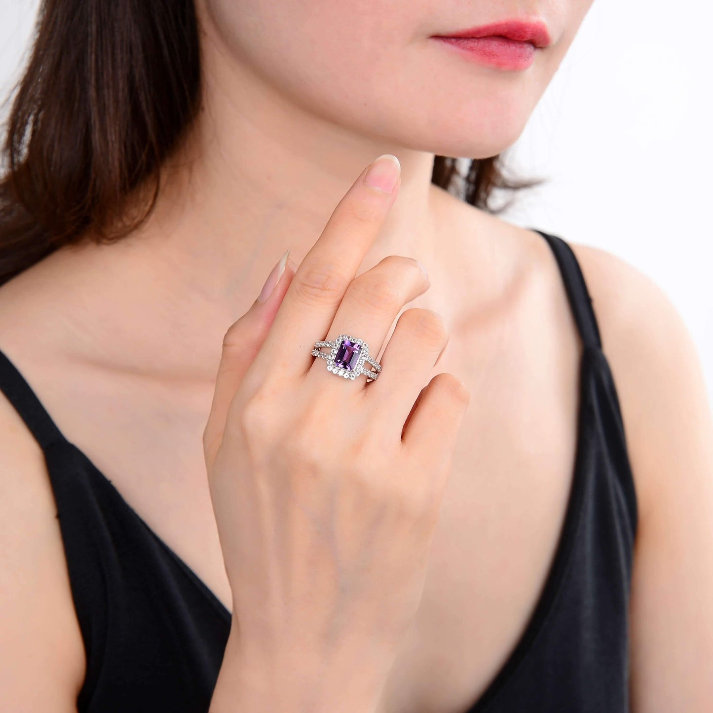 2.22 Ct Octagon Purple Amethyst and White Topaz Prong Silver Split Band Ring
