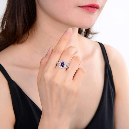 2.22 Ct Octagon Purple Amethyst and White Topaz Prong Silver Split Band Ring