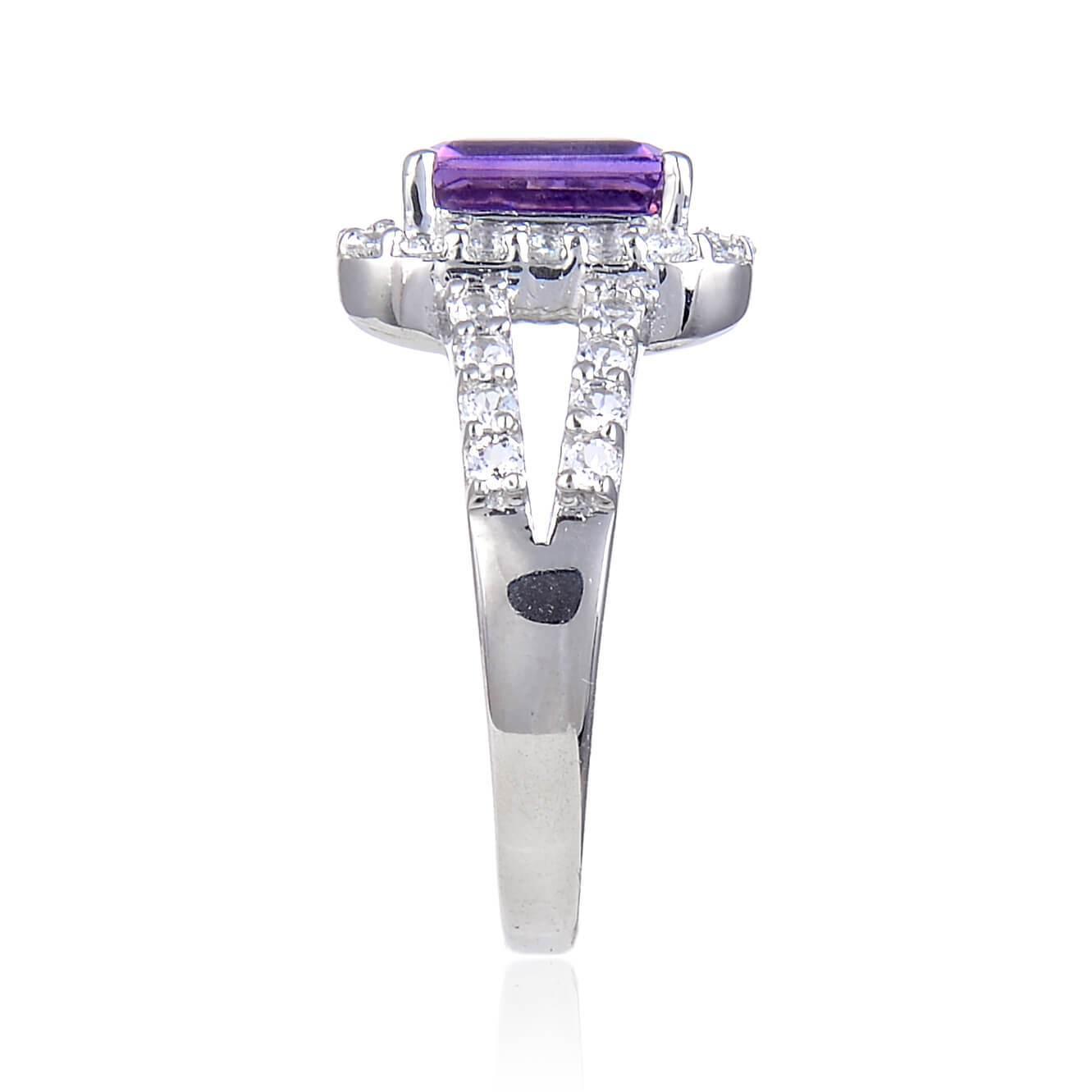 2.22 Ct Octagon Purple Amethyst and White Topaz Prong Silver Split Band Ring