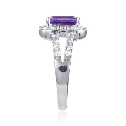 2.22 Ct Octagon Purple Amethyst and White Topaz Prong Silver Split Band Ring