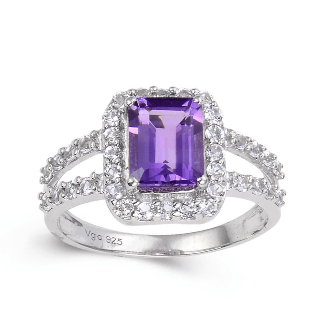2.22 Ct Octagon Purple Amethyst and White Topaz Prong Silver Split Band Ring