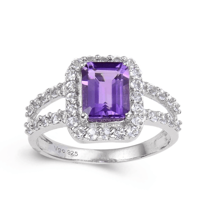 2.22 Ct Octagon Purple Amethyst and White Topaz Prong Silver Split Band Ring