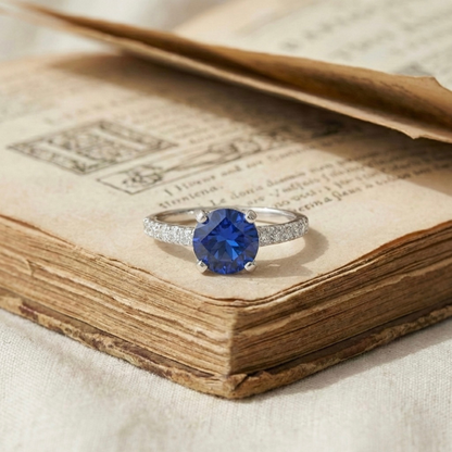 2.00 Ct Round Lab Created Blue Sapphire Prong Silver Pave-set Ring