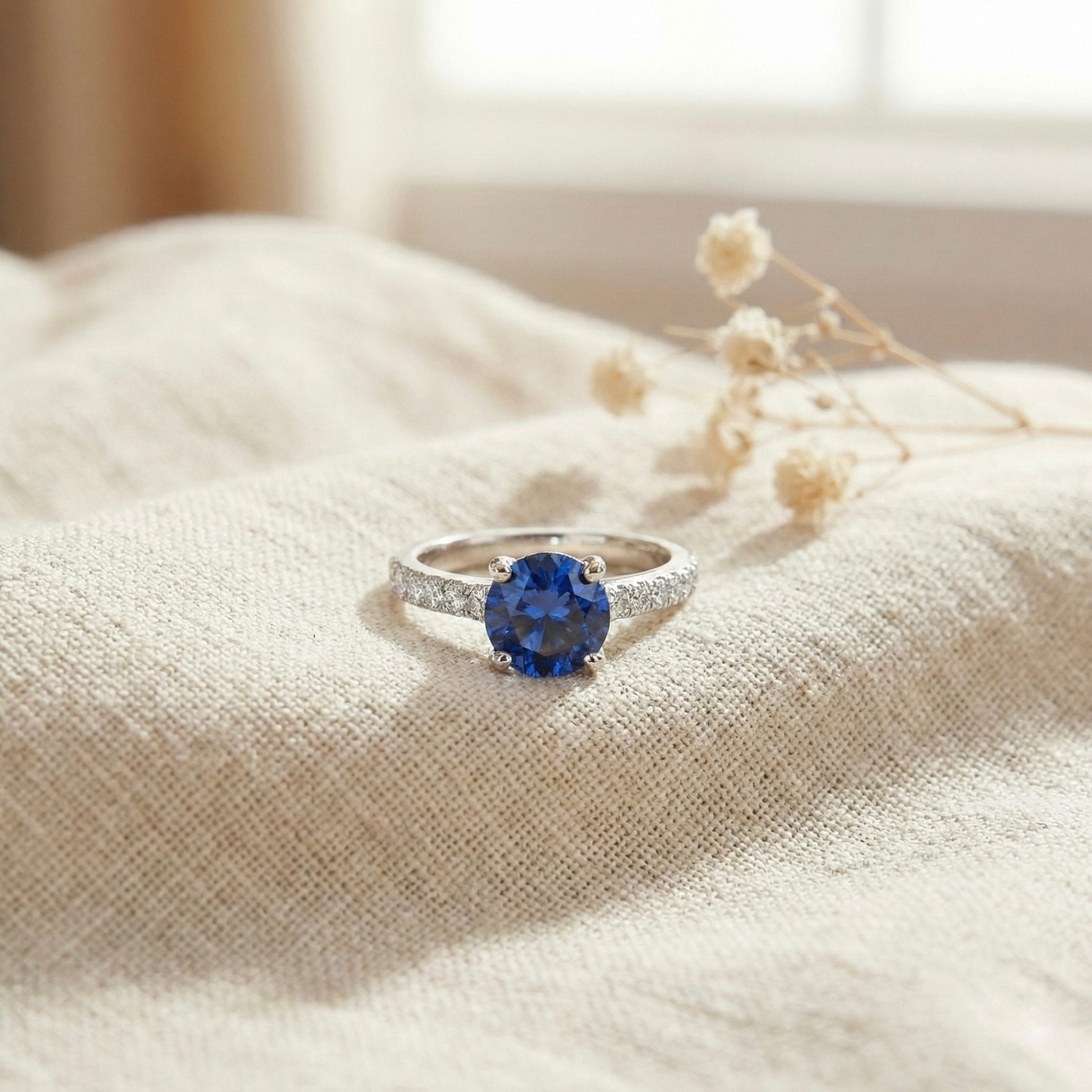 2.00 Ct Round Lab Created Blue Sapphire Prong Silver Pave-set Ring
