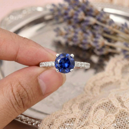 2.00 Ct Round Lab Created Blue Sapphire Prong Silver Pave-set Ring