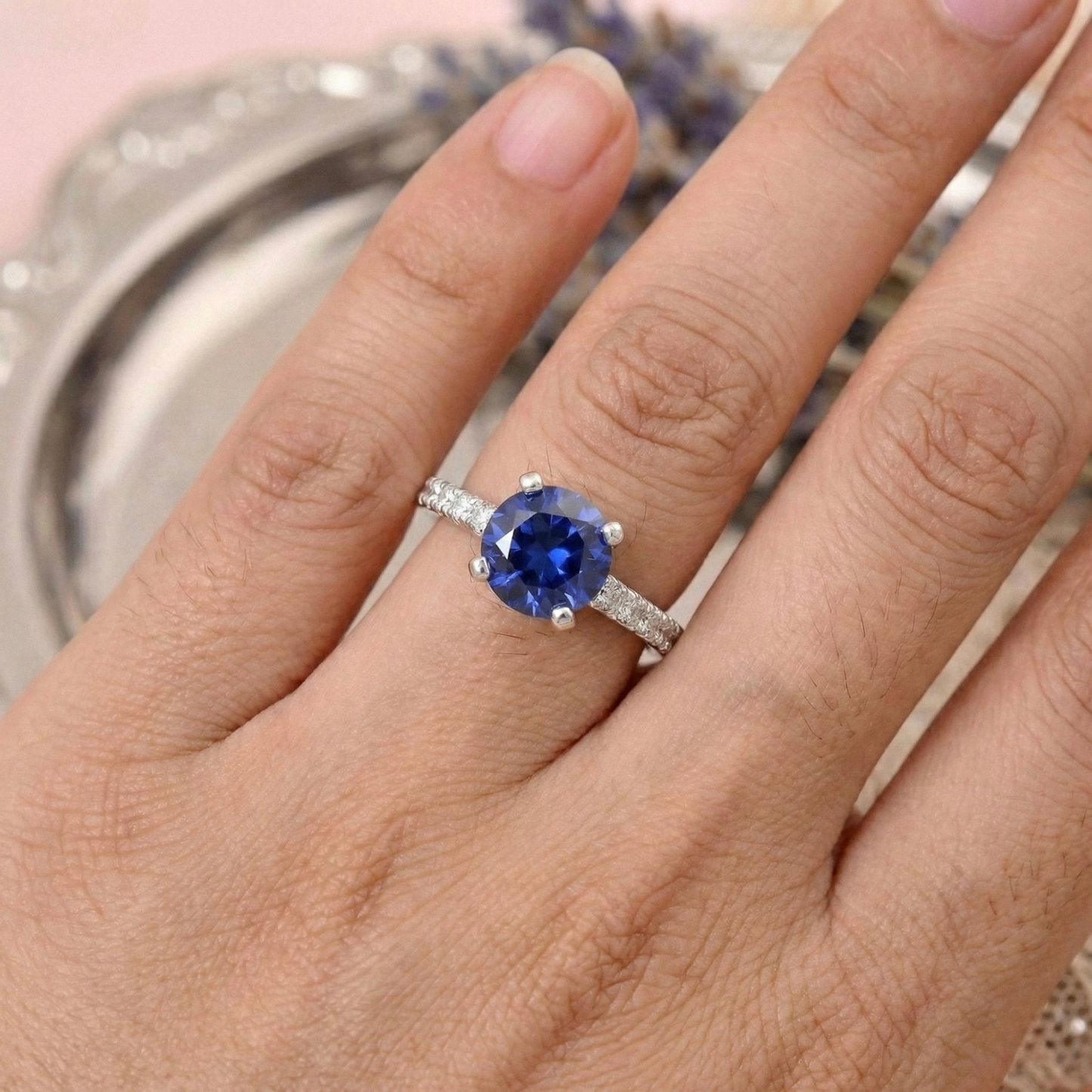2.00 Ct Round Lab Created Blue Sapphire Prong Silver Pave-set Ring