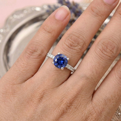 2.00 Ct Round Lab Created Blue Sapphire Prong Silver Pave-set Ring