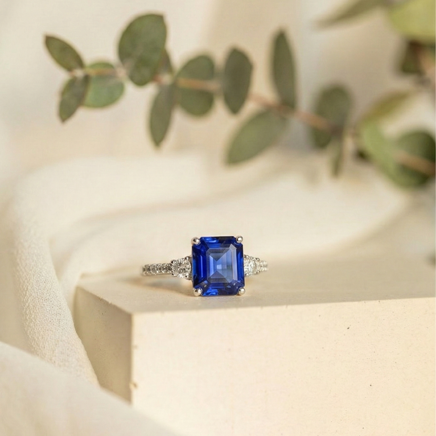 3.60 Ct Asscher Lab Created Blue Sapphire Prong Silver Three Stone Ring