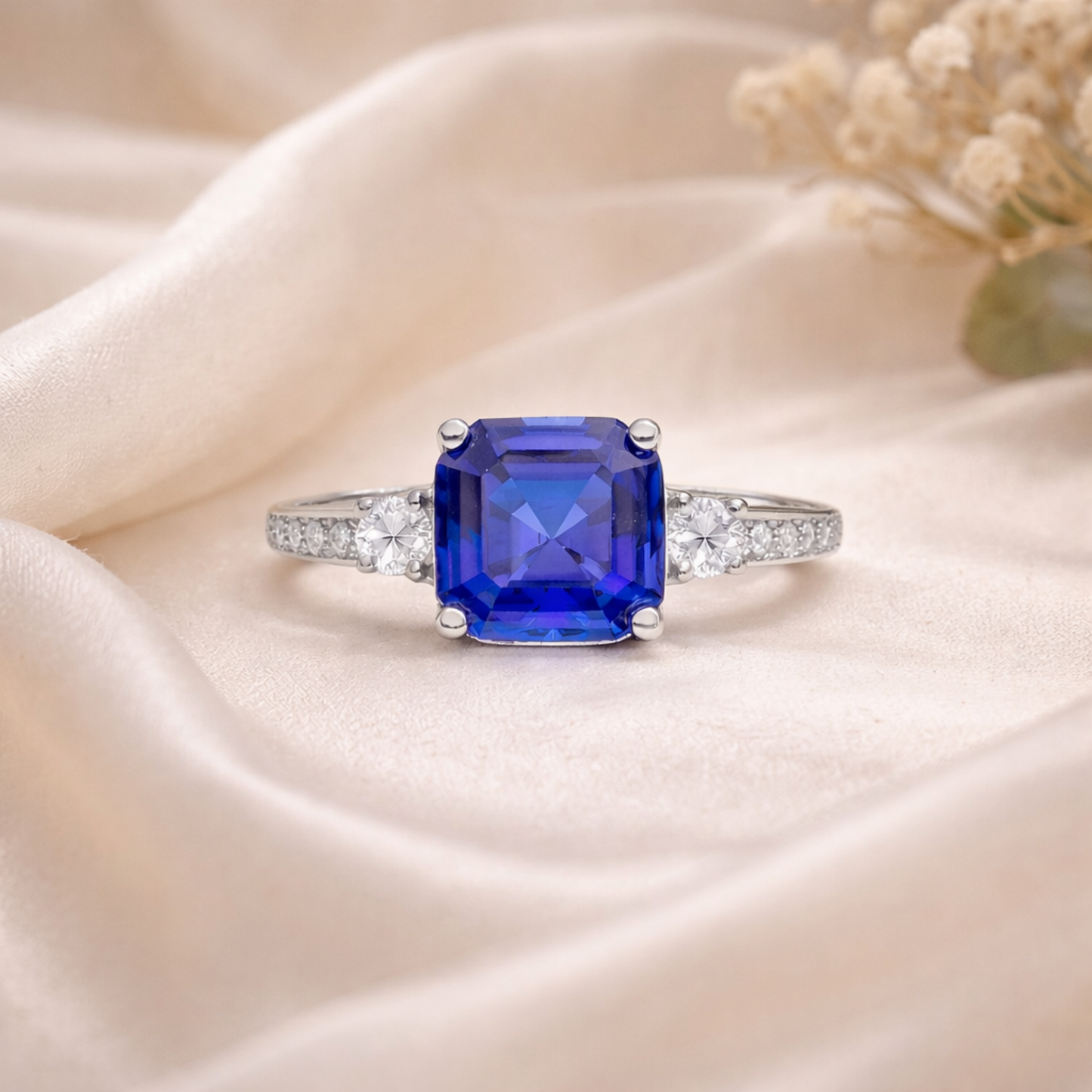 3.60 Ct Asscher Lab Created Blue Sapphire Prong Silver Three Stone Ring