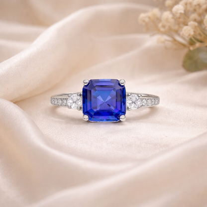 3.60 Ct Asscher Lab Created Blue Sapphire Prong Silver Three Stone Ring
