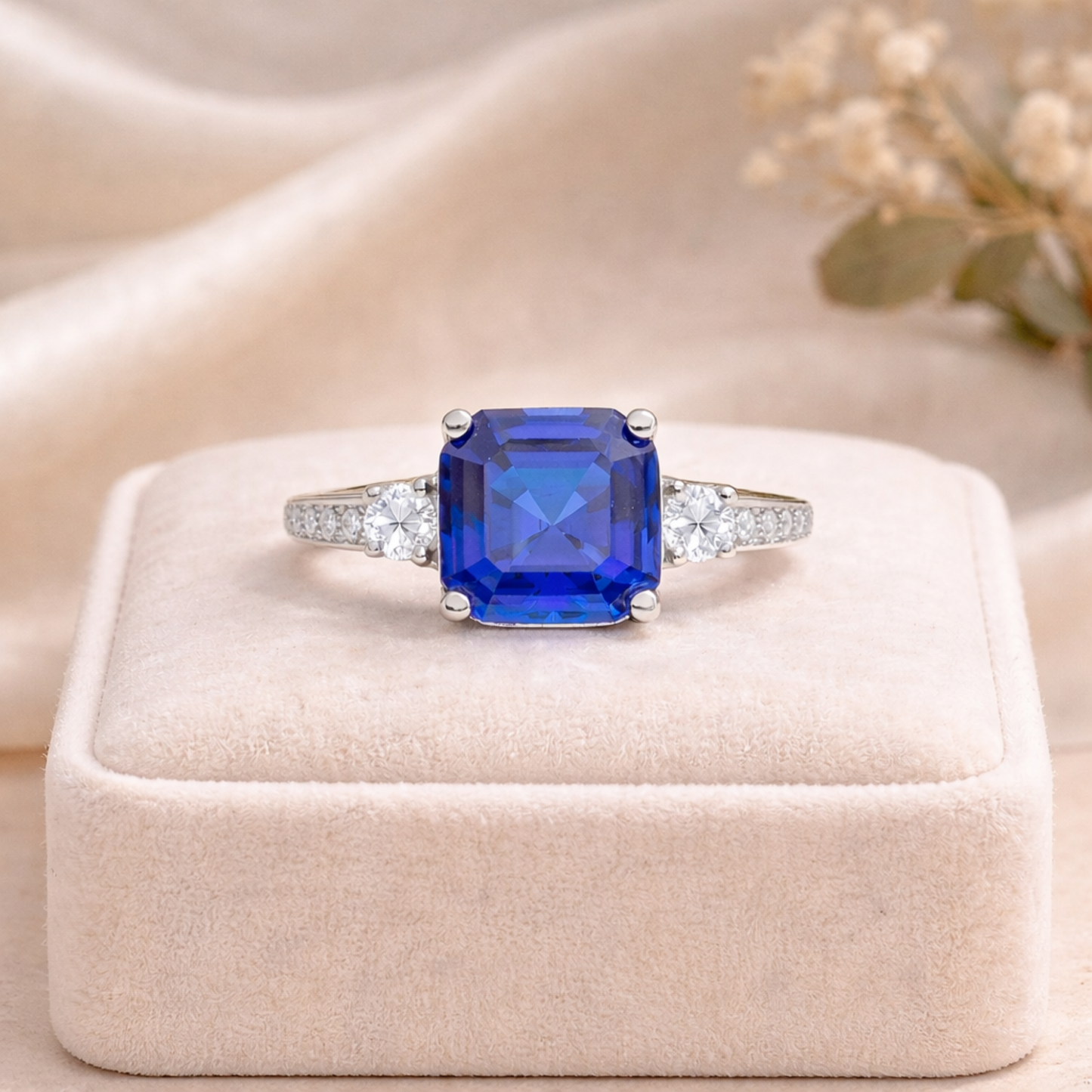 3.60 Ct Asscher Lab Created Blue Sapphire Prong Silver Three Stone Ring