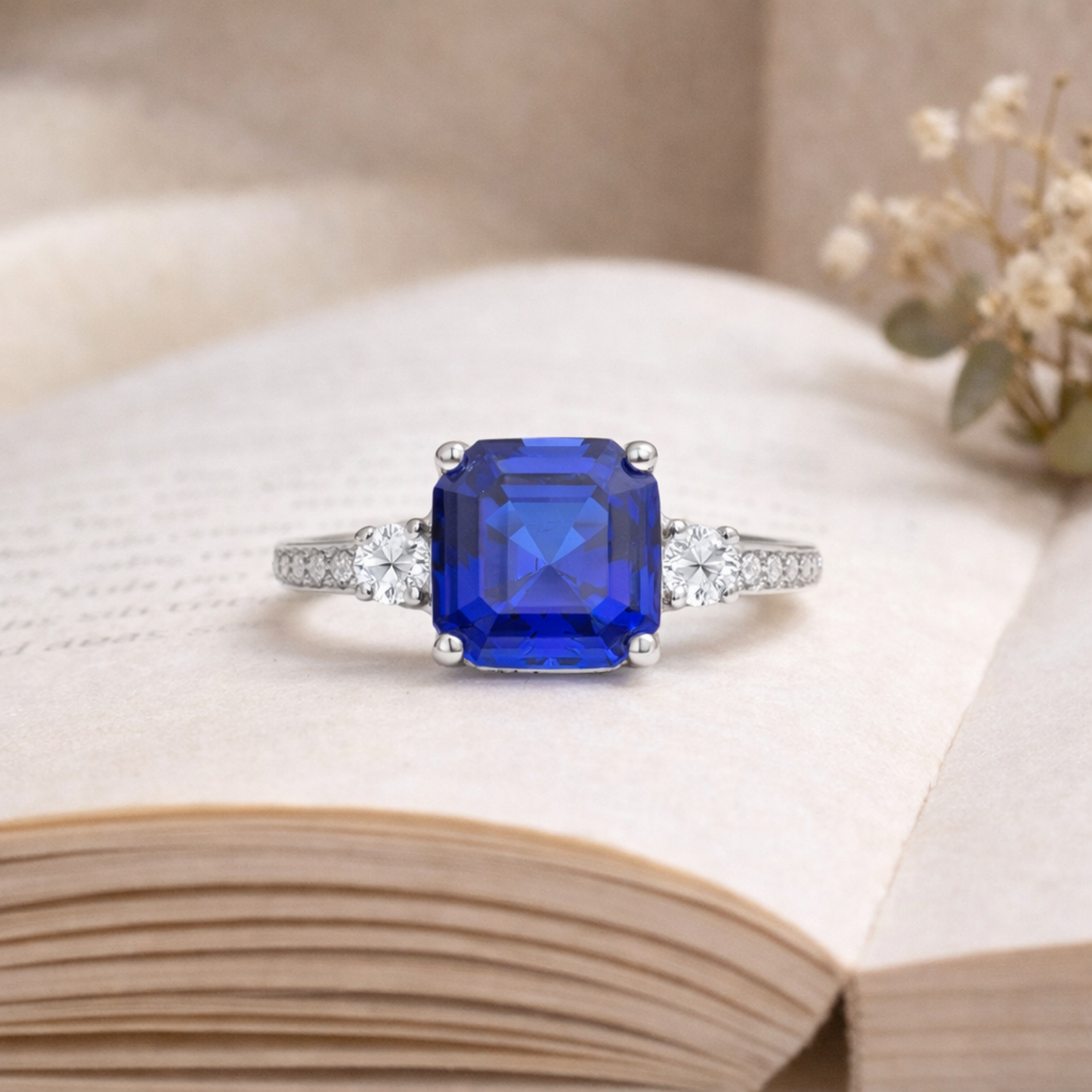 3.60 Ct Asscher Lab Created Blue Sapphire Prong Silver Three Stone Ring
