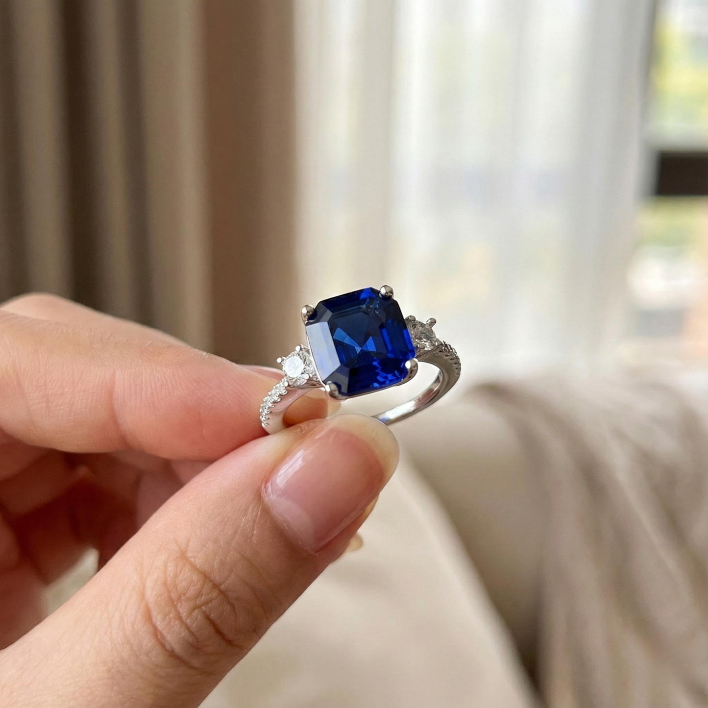 3.60 Ct Asscher Lab Created Blue Sapphire Prong Silver Three Stone Ring