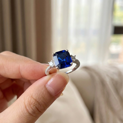 3.60 Ct Asscher Lab Created Blue Sapphire Prong Silver Three Stone Ring