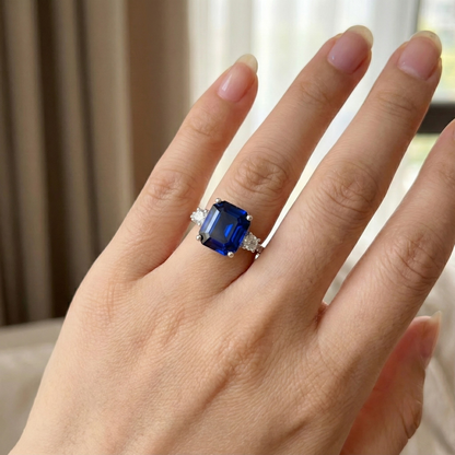 3.60 Ct Asscher Lab Created Blue Sapphire Prong Silver Three Stone Ring