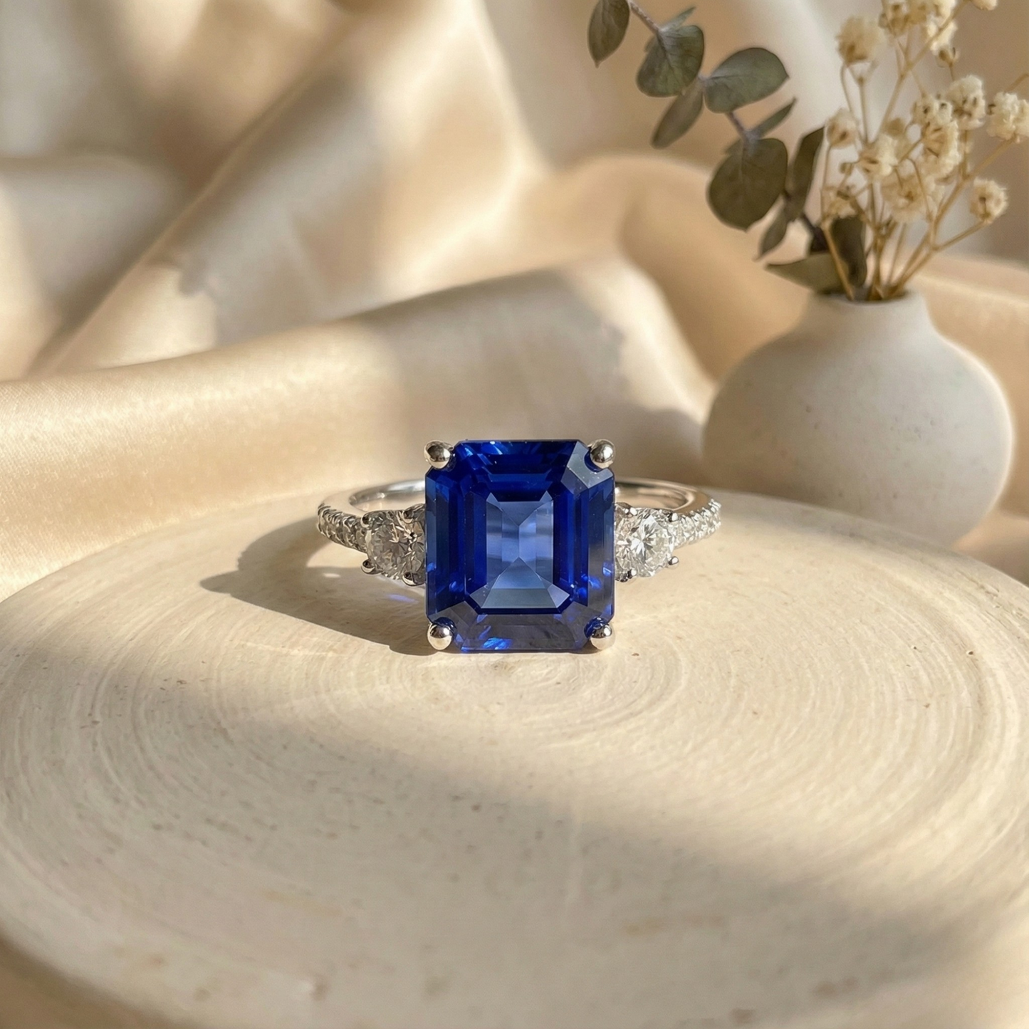 3.60 Ct Asscher Lab Created Blue Sapphire Prong Silver Three Stone Ring