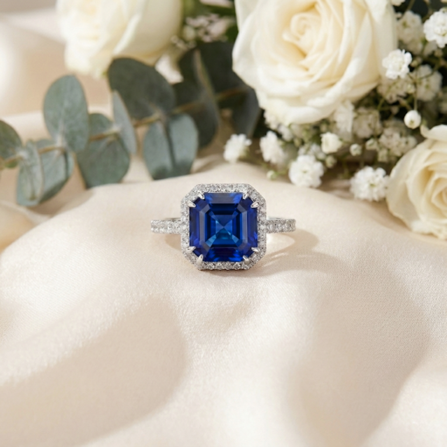 4.00 Ct Asscher Lab Created Blue Sapphire Prong Silver Halo Ring