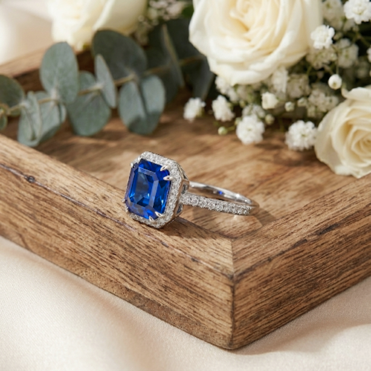 4.00 Ct Asscher Lab Created Blue Sapphire Prong Silver Halo Ring