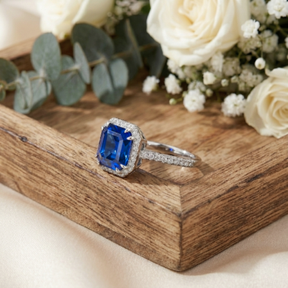 4.00 Ct Asscher Lab Created Blue Sapphire Prong Silver Halo Ring
