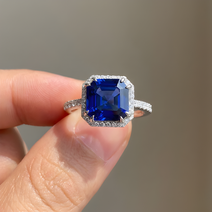 4.00 Ct Asscher Lab Created Blue Sapphire Prong Silver Halo Ring
