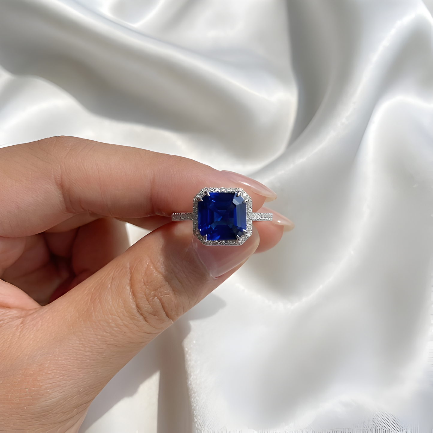 4.00 Ct Asscher Lab Created Blue Sapphire Prong Silver Halo Ring