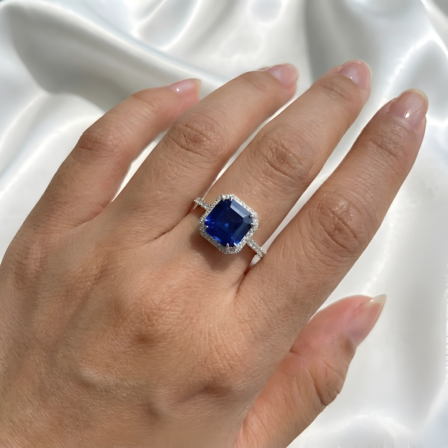 4.00 Ct Asscher Lab Created Blue Sapphire Prong Silver Halo Ring