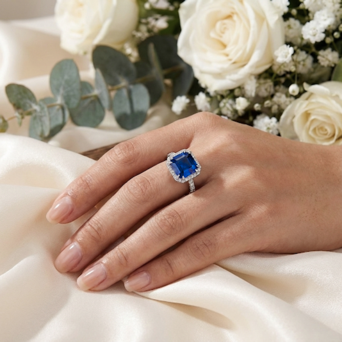 4.00 Ct Asscher Lab Created Blue Sapphire Prong Silver Halo Ring
