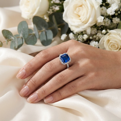 4.00 Ct Asscher Lab Created Blue Sapphire Prong Silver Halo Ring