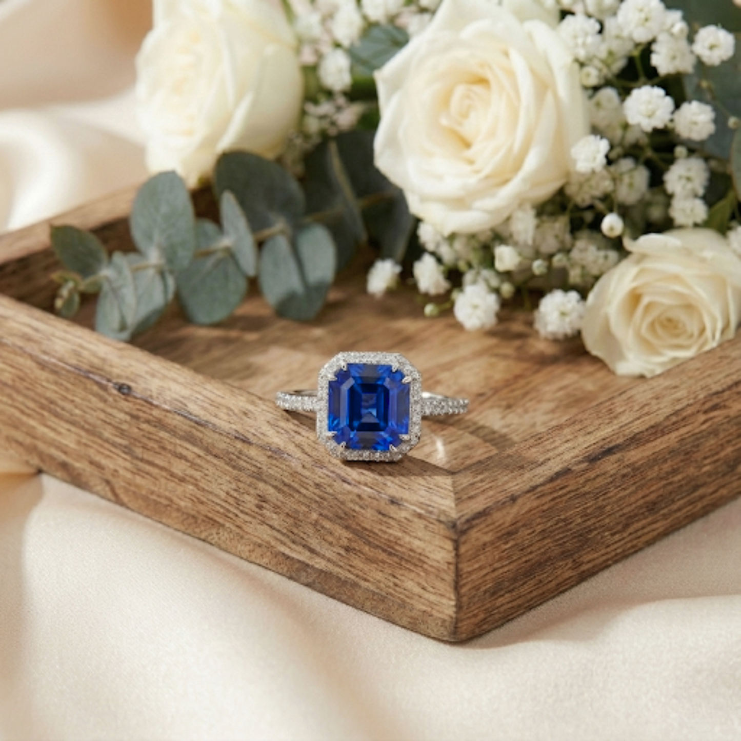4.00 Ct Asscher Lab Created Blue Sapphire Prong Silver Halo Ring
