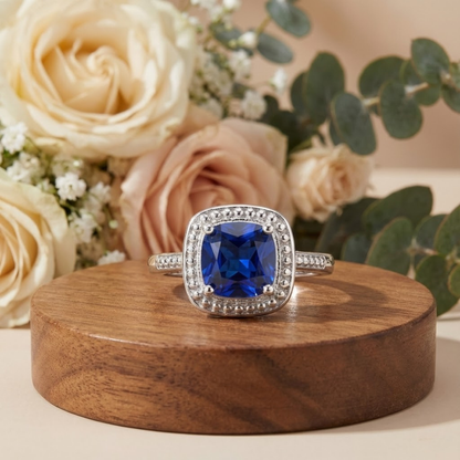2.9 Ct Cushion Lab Created Blue Sapphire Prong Silver Halo Statement Ring