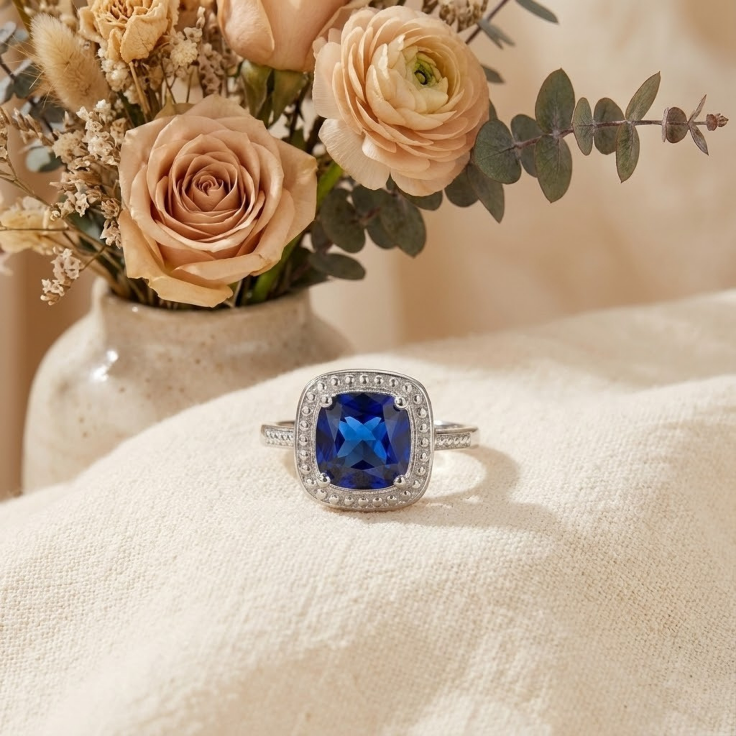 2.9 Ct Cushion Lab Created Blue Sapphire Prong Silver Halo Statement Ring