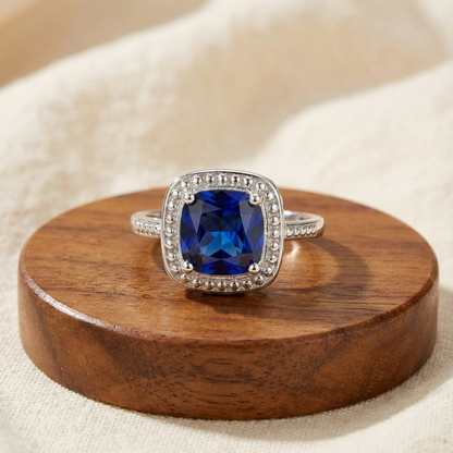 2.9 Ct Cushion Lab Created Blue Sapphire Prong Silver Halo Statement Ring