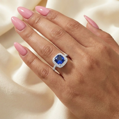 2.9 Ct Cushion Lab Created Blue Sapphire Prong Silver Halo Statement Ring