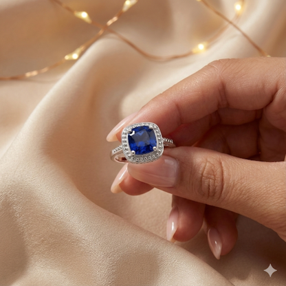 2.9 Ct Cushion Lab Created Blue Sapphire Prong Silver Halo Statement Ring