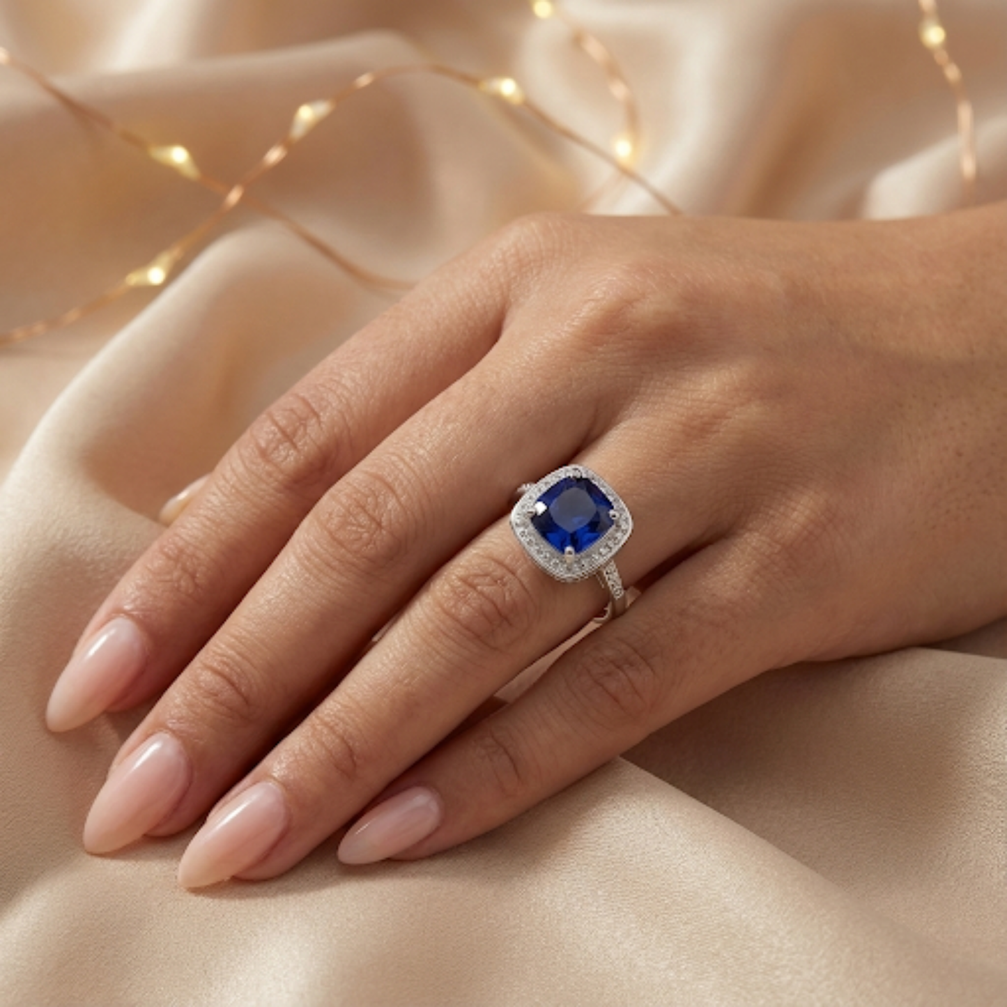 2.9 Ct Cushion Lab Created Blue Sapphire Prong Silver Halo Statement Ring