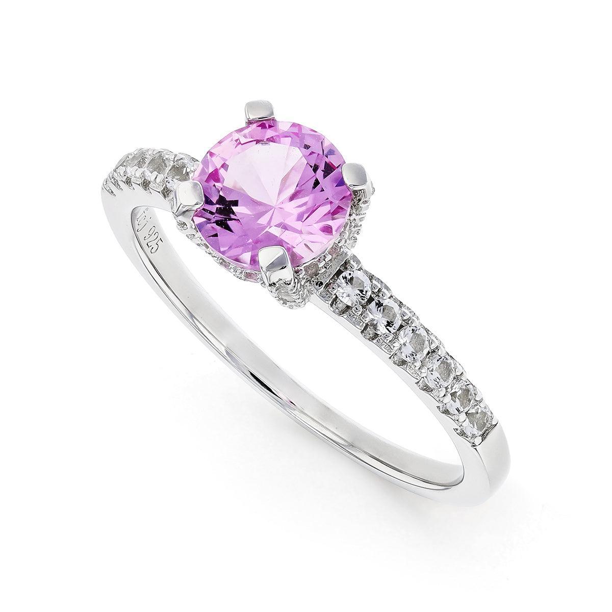Round Created Pink Sapphire Prong Rhodium Over Silver Solitaire Ring