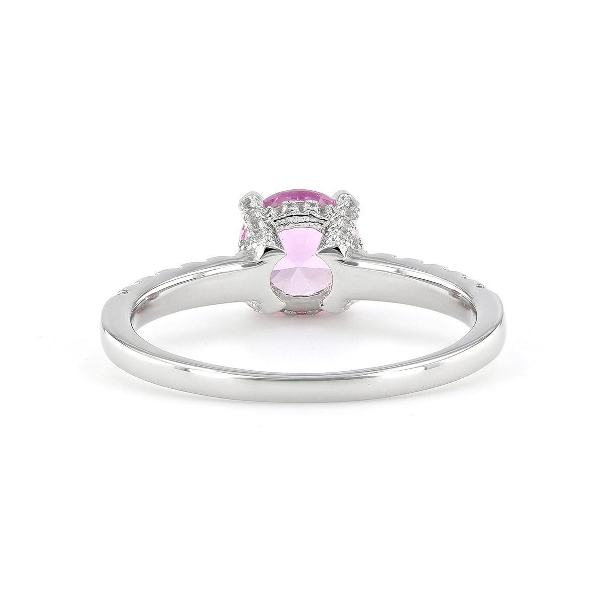 Round Created Pink Sapphire Prong Rhodium Over Silver Solitaire Ring