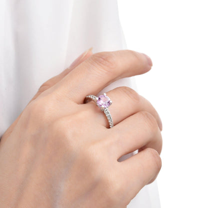 Round Created Pink Sapphire Prong Rhodium Over Silver Solitaire Ring