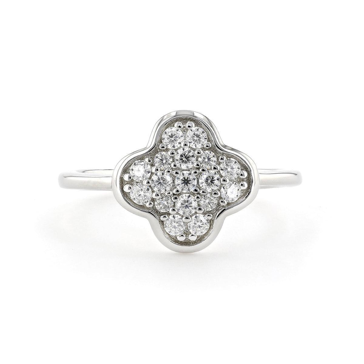 Round White Moissanite Pave Sterling Silver Four Leaf Clover Ring