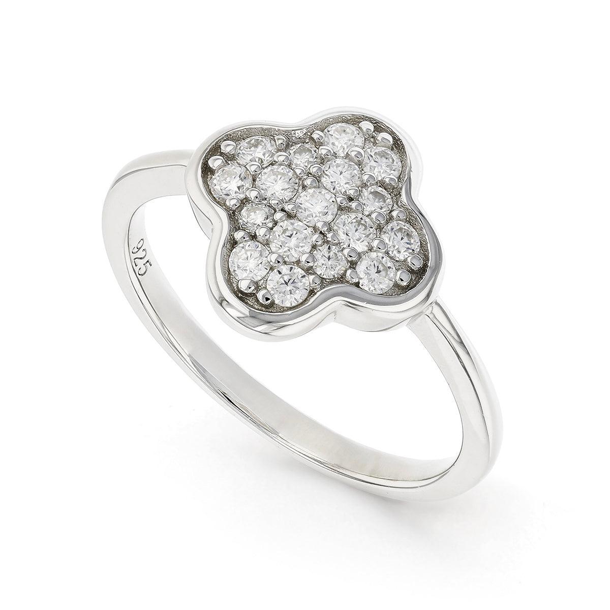 Round White Moissanite Pave Sterling Silver Four Leaf Clover Ring